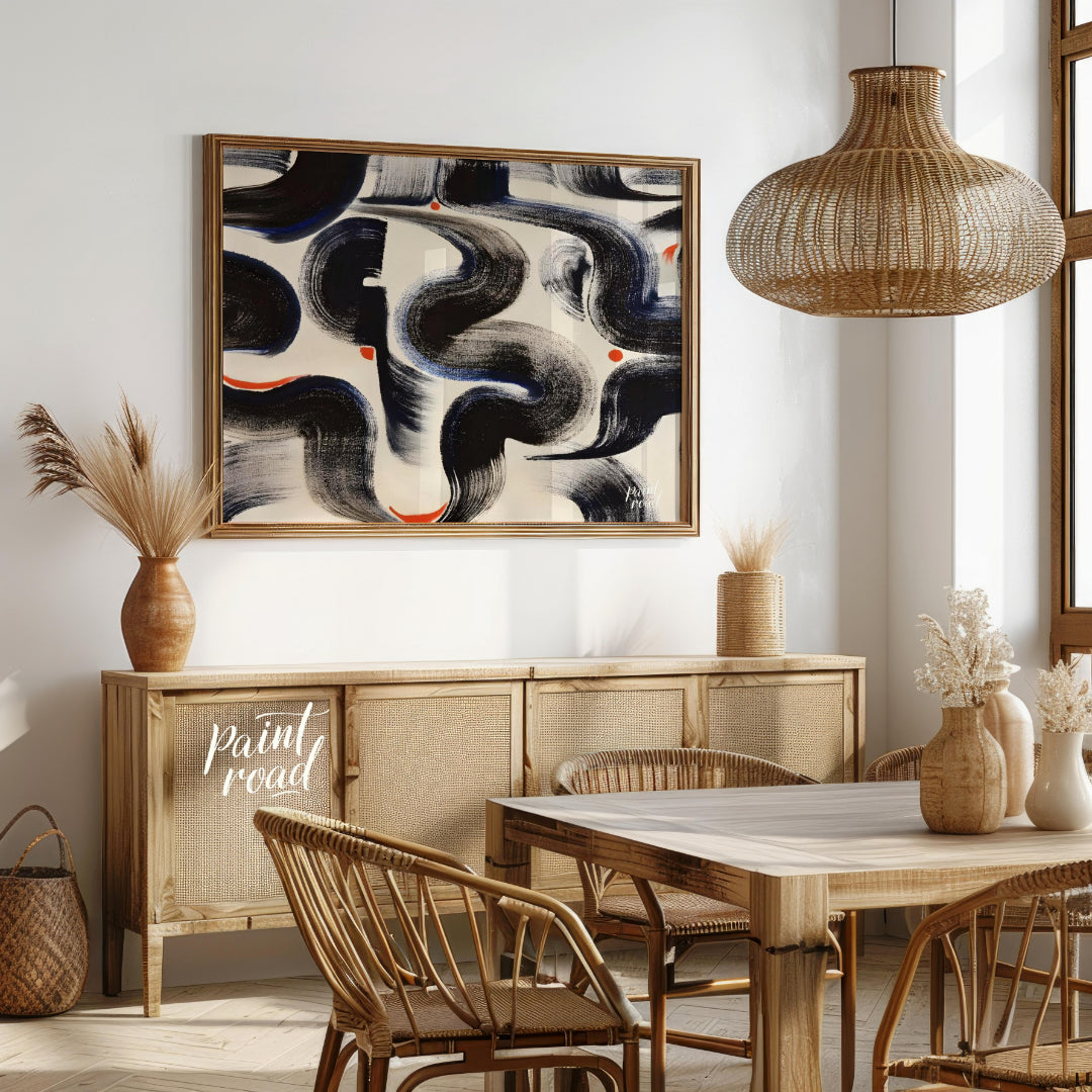 """Brushstroke Dance"" captures the dynamic energy of expressive brushwork against a clean, white b… for dining room