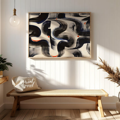 """Brushstroke Dance"" captures the dynamic energy of expressive brushwork against a clean, white b… for entryway