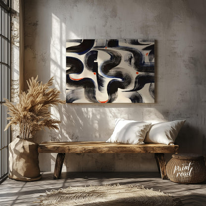 """Brushstroke Dance"" captures the dynamic energy of expressive brushwork against a clean, white b… for entryway