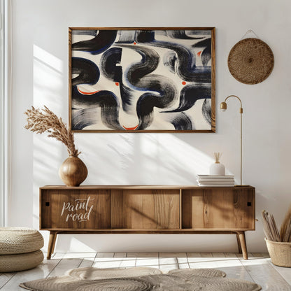 """Brushstroke Dance"" captures the dynamic energy of expressive brushwork against a clean, white b… for living room
