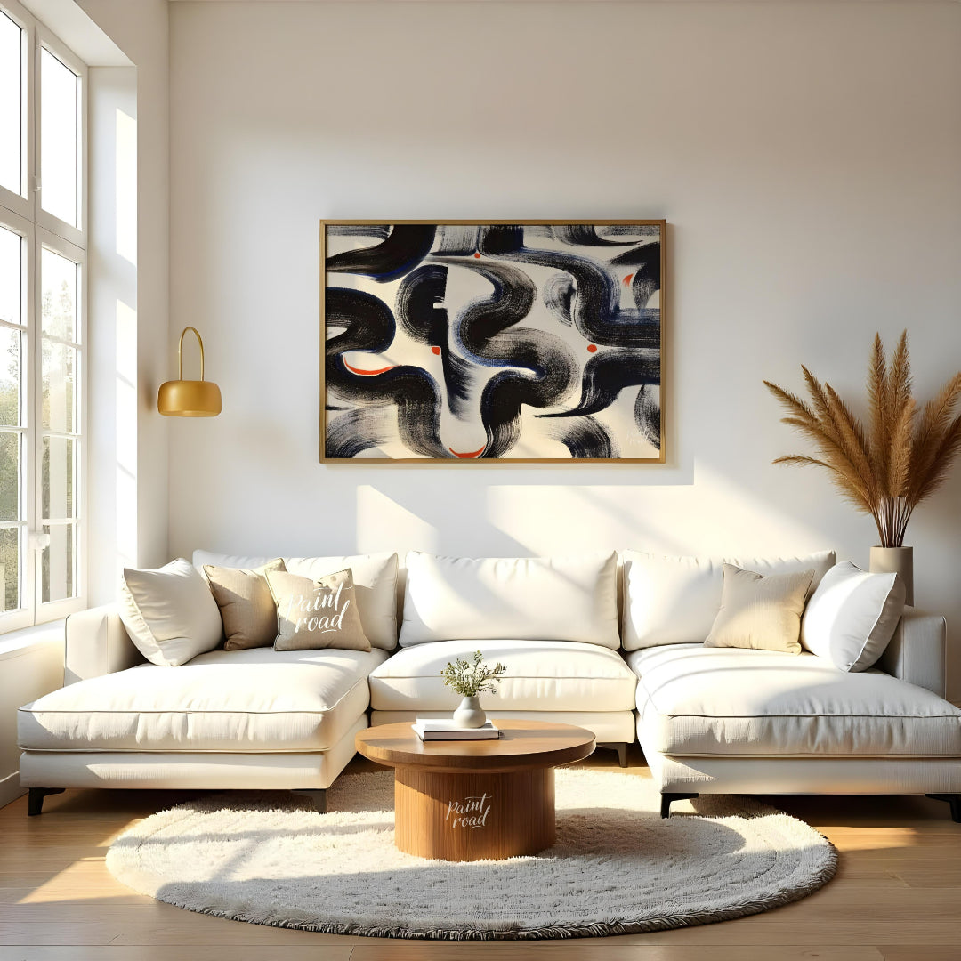 """Brushstroke Dance"" captures the dynamic energy of expressive brushwork against a clean, white b… for living room