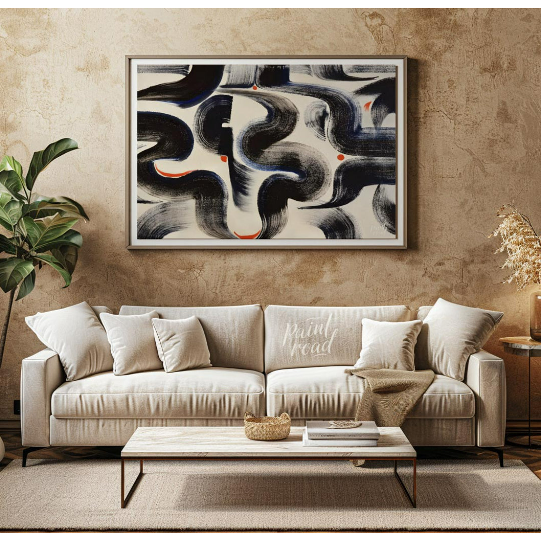 """Brushstroke Dance"" captures the dynamic energy of expressive brushwork against a clean, white b… for living room