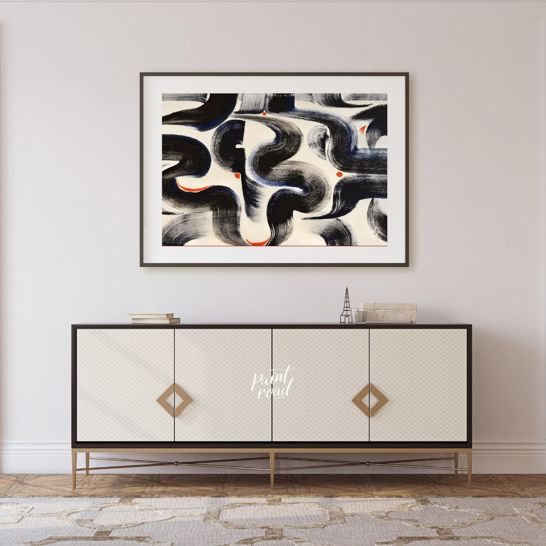 """Brushstroke Dance"" captures the dynamic energy of expressive brushwork against a clean, white b… for living room