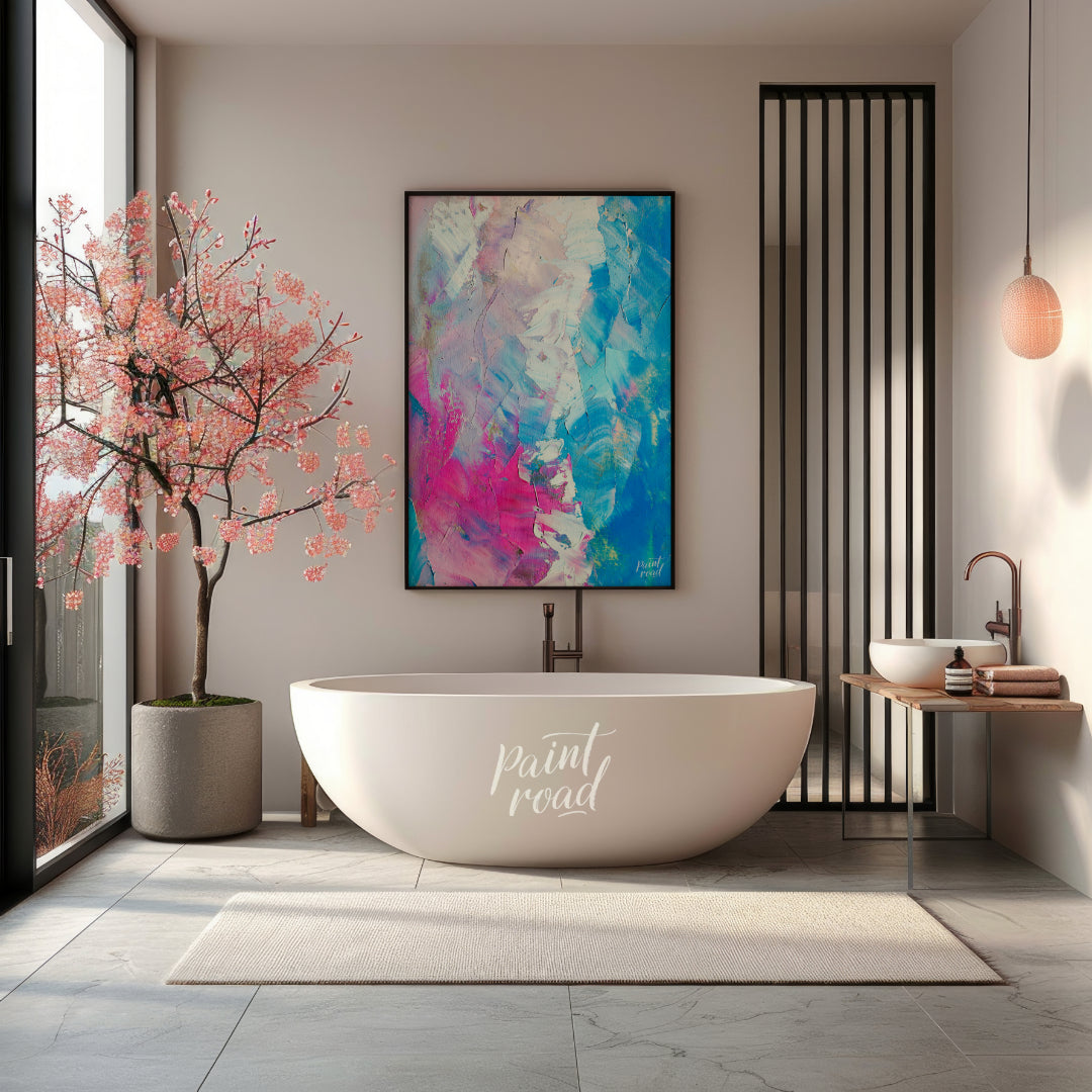 This beautiful painting is an abstract exploration of color and texture. Swirls of pink, white, and… for bathroom