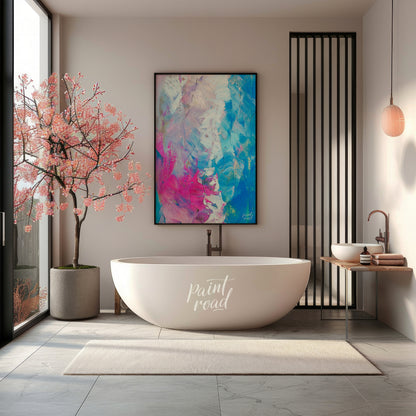 This beautiful painting is an abstract exploration of color and texture. Swirls of pink, white, and… for bathroom