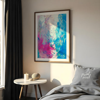 This beautiful painting is an abstract exploration of color and texture. Swirls of pink, white, and… for bedroom