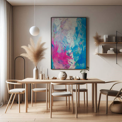 This beautiful painting is an abstract exploration of color and texture. Swirls of pink, white, and… for dining room
