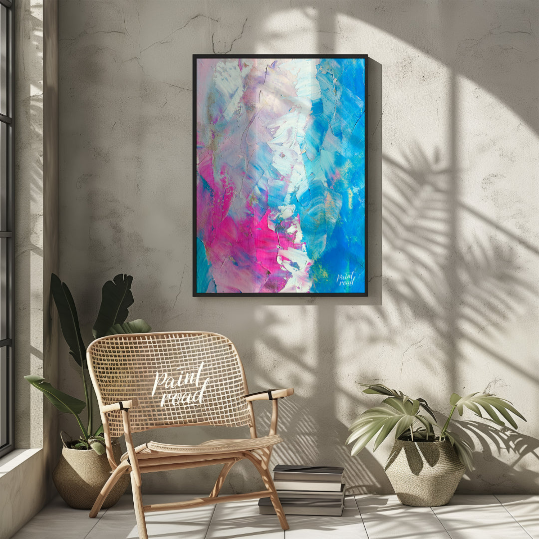 This beautiful painting is an abstract exploration of color and texture. Swirls of pink, white, and… for living room
