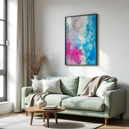 This beautiful painting is an abstract exploration of color and texture. Swirls of pink, white, and… for living room