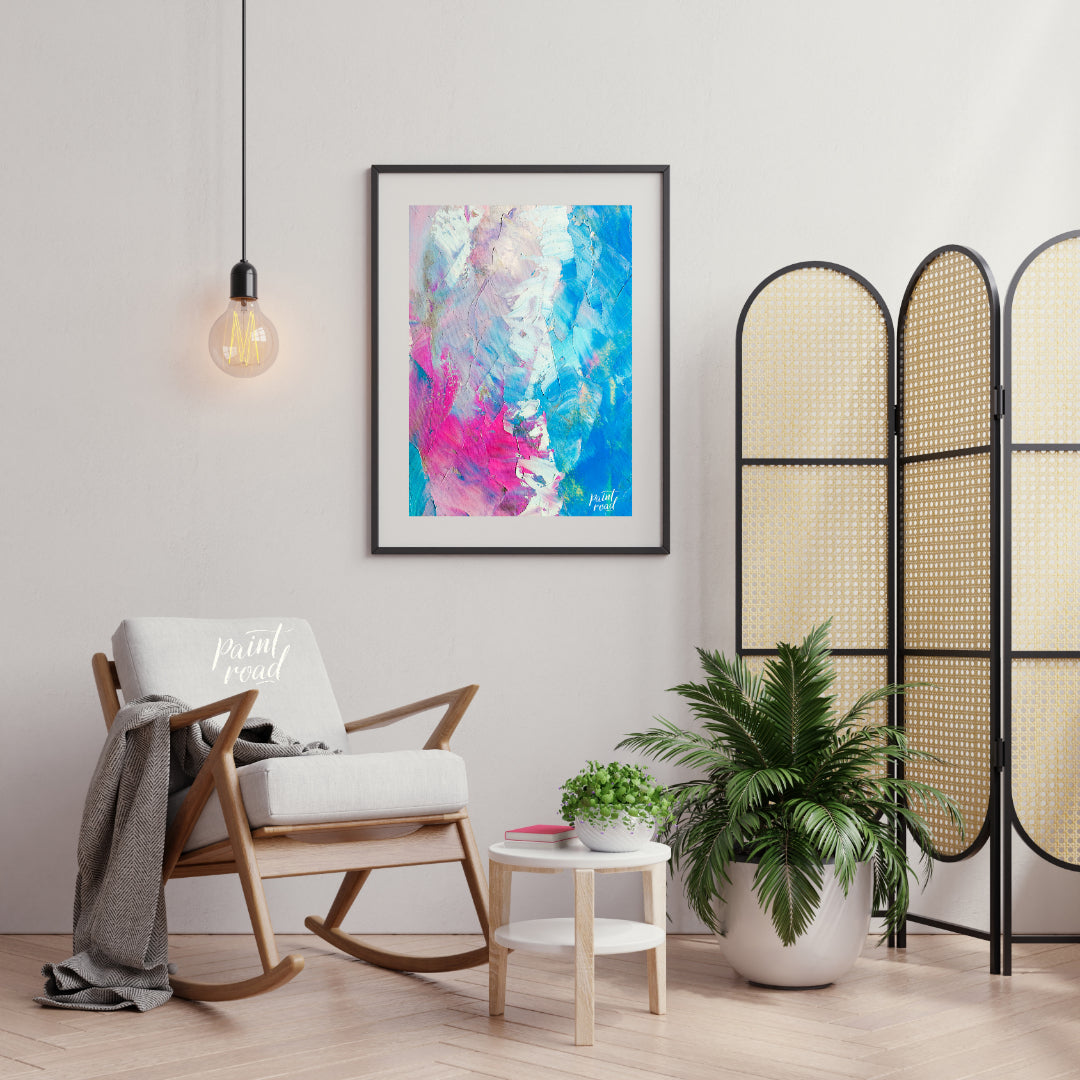 This beautiful painting is an abstract exploration of color and texture. Swirls of pink, white, and… for living room