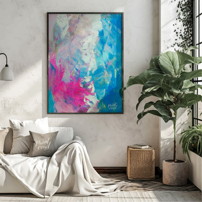 This beautiful painting is an abstract exploration of color and texture. Swirls of pink, white, and… for living room