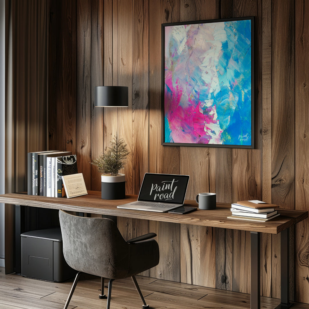 This beautiful painting is an abstract exploration of color and texture. Swirls of pink, white, and… for office