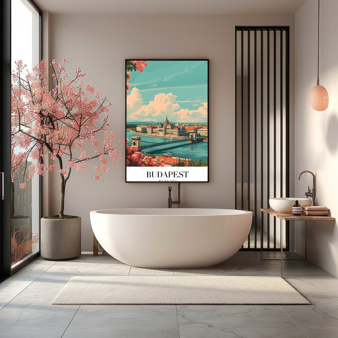 This captivating art print showcases the iconic Budapest skyline with the grand Parliament for Bathroom