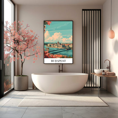 This captivating art print showcases the iconic Budapest skyline with the grand Parliament for Bathroom
