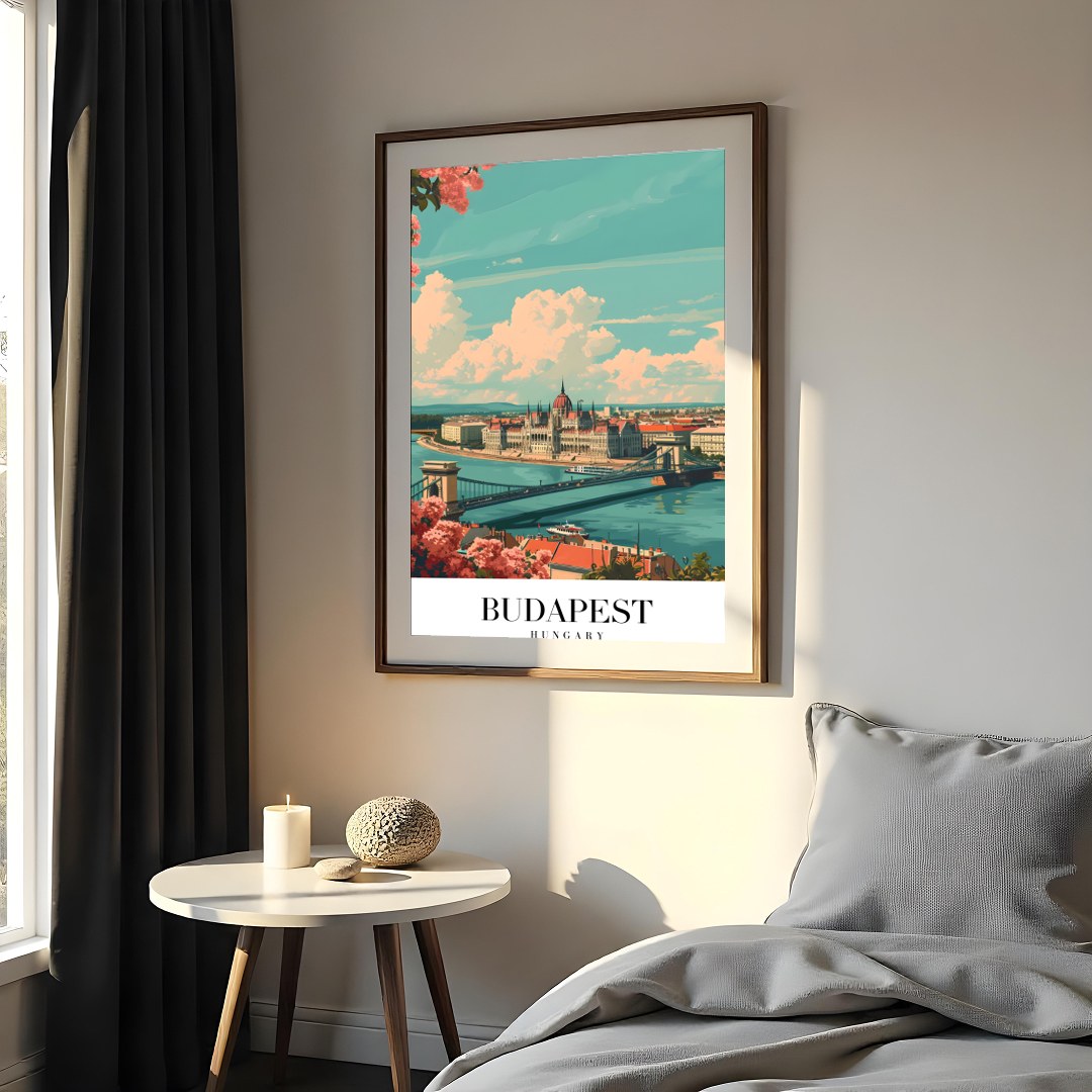 This captivating art print showcases the iconic Budapest skyline with the grand Parliament for Bedroom