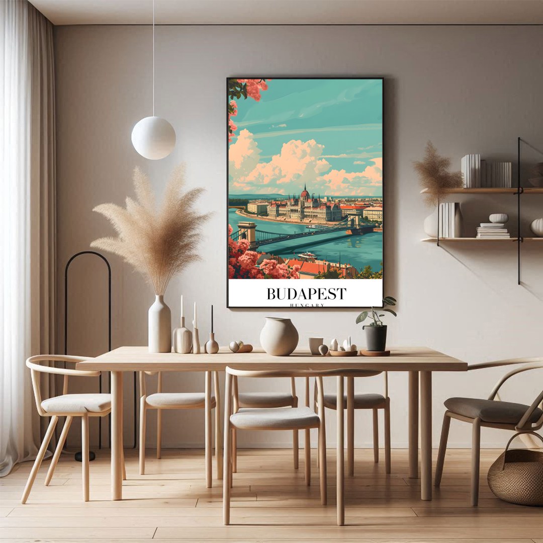 This captivating art print showcases the iconic Budapest skyline with the grand Parliament for Dining