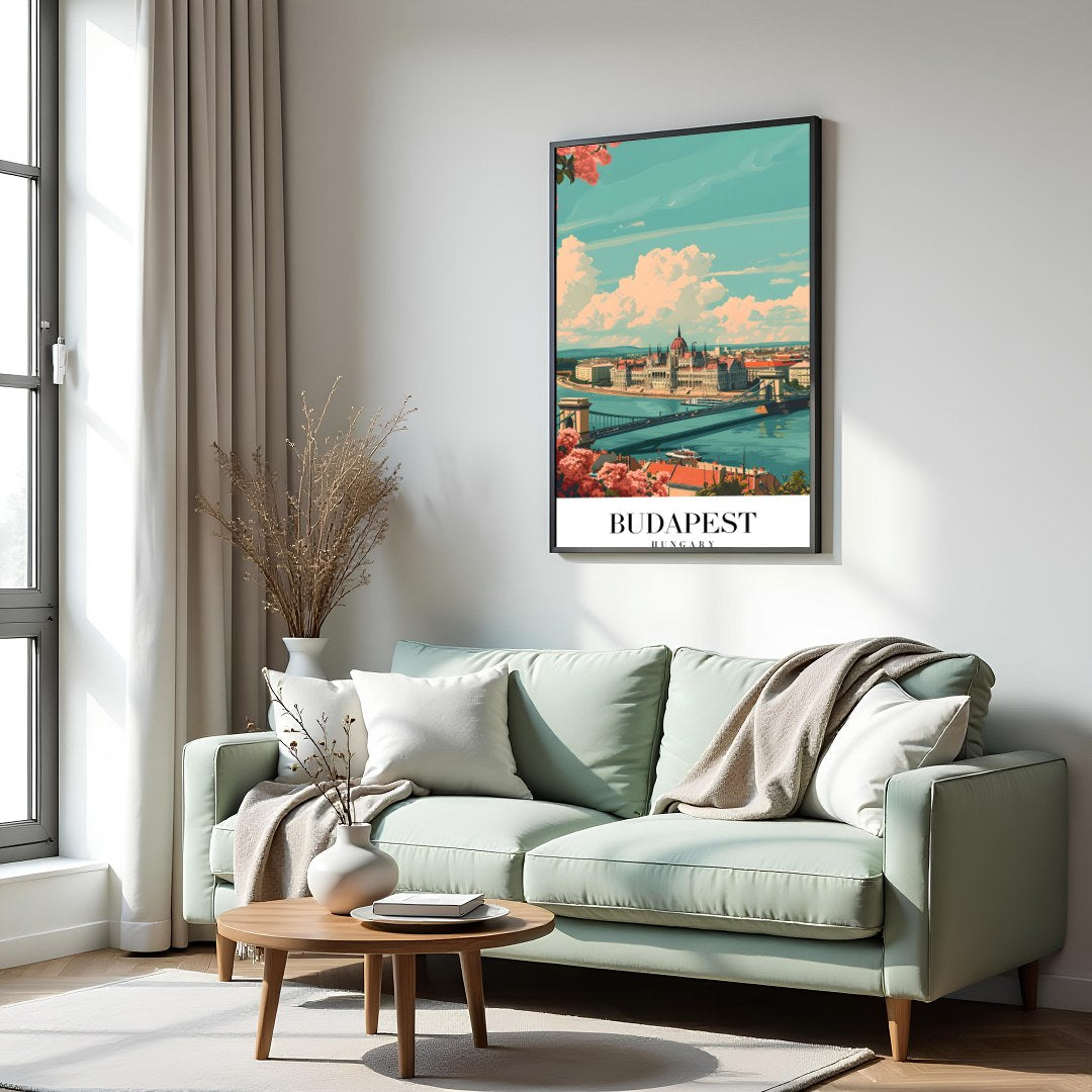 This captivating art print showcases the iconic Budapest skyline with the grand Parliament for Hall