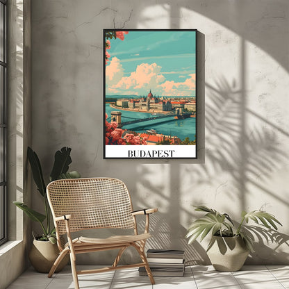 This captivating art print showcases the iconic Budapest skyline with the grand Parliament for Sitting Area