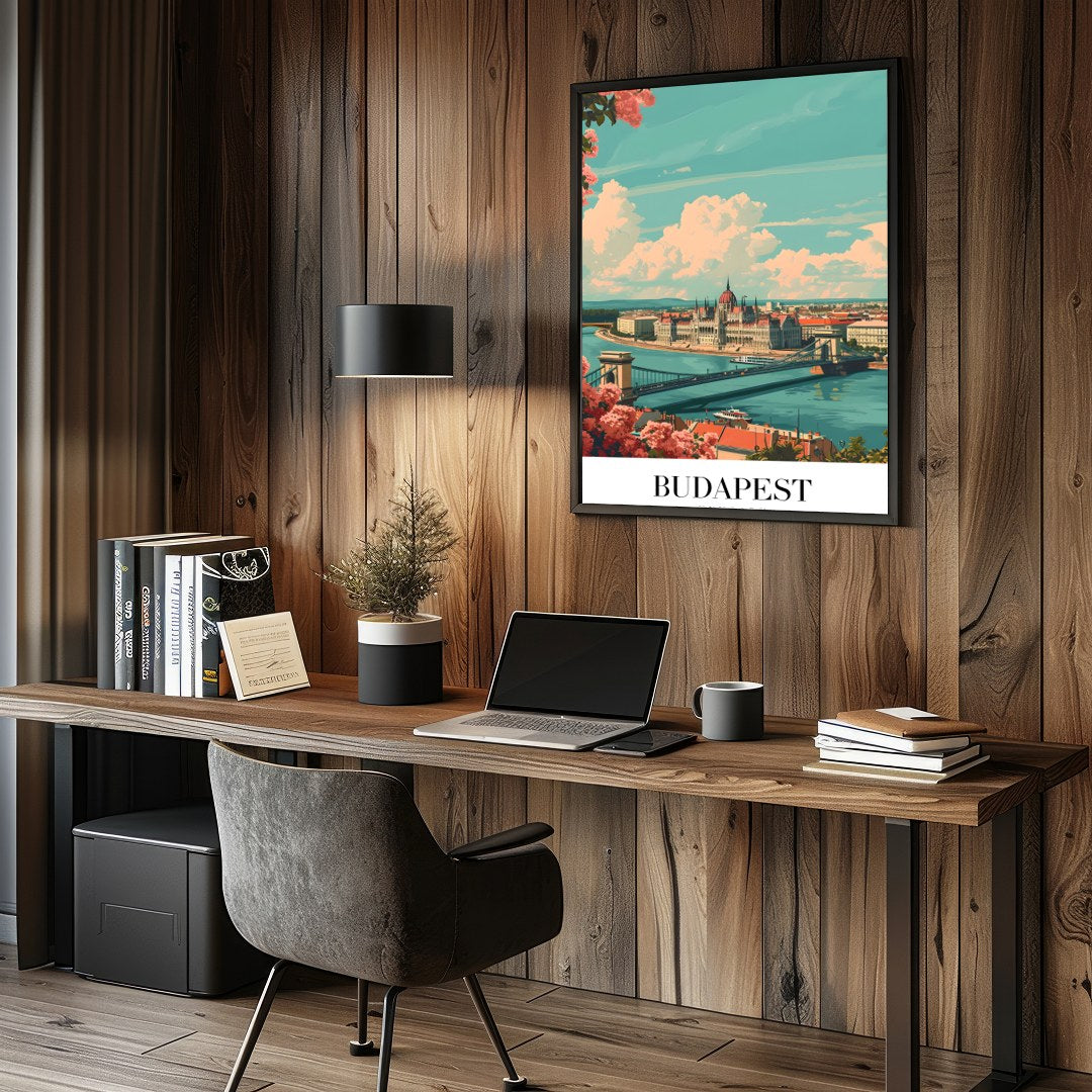 This captivating art print showcases the iconic Budapest skyline with the grand Parliament for Study and Office
