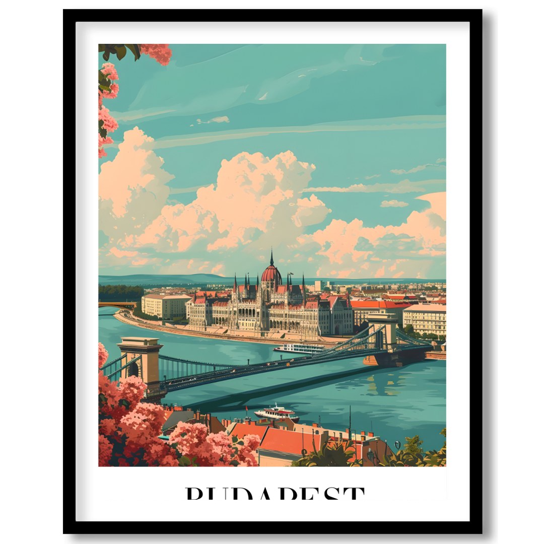 This captivating art print showcases the iconic Budapest skyline with the grand Parliament for sweet-home