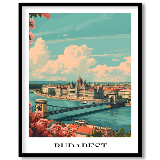 This captivating art print showcases the iconic Budapest skyline with the grand Parliament for sweet-home