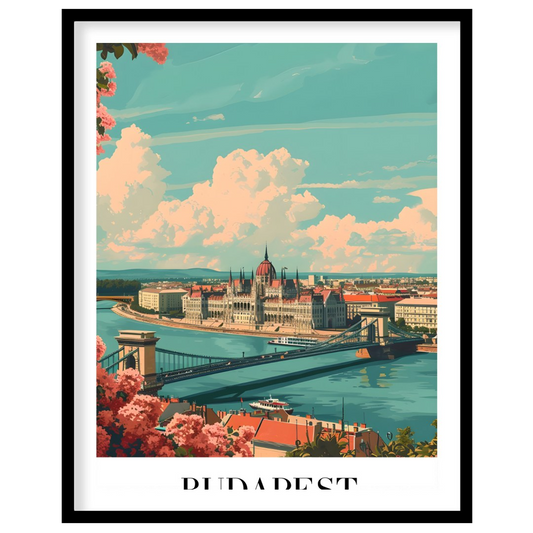 This captivating art print showcases the iconic Budapest skyline with the grand Parliament for sweet-home