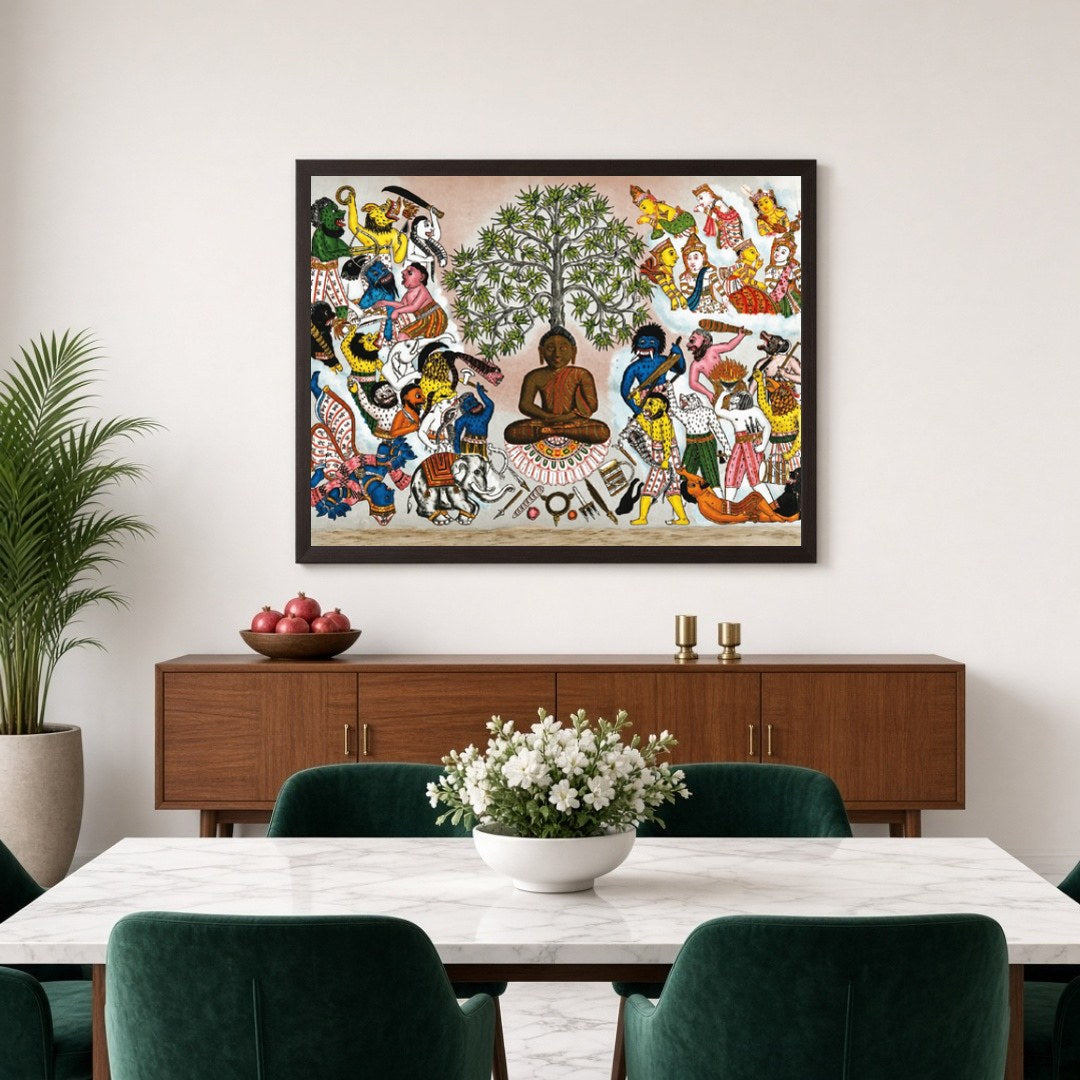 This captivating artwork depicts Buddha serenely seated under the symbolic Tree of Life, as he for Dining