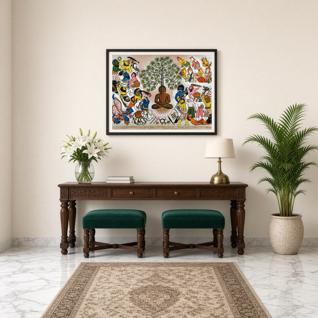 This captivating artwork depicts Buddha serenely seated under the symbolic Tree of Life, as he for Entrance