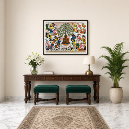 This captivating artwork depicts Buddha serenely seated under the symbolic Tree of Life, as he for Entrance