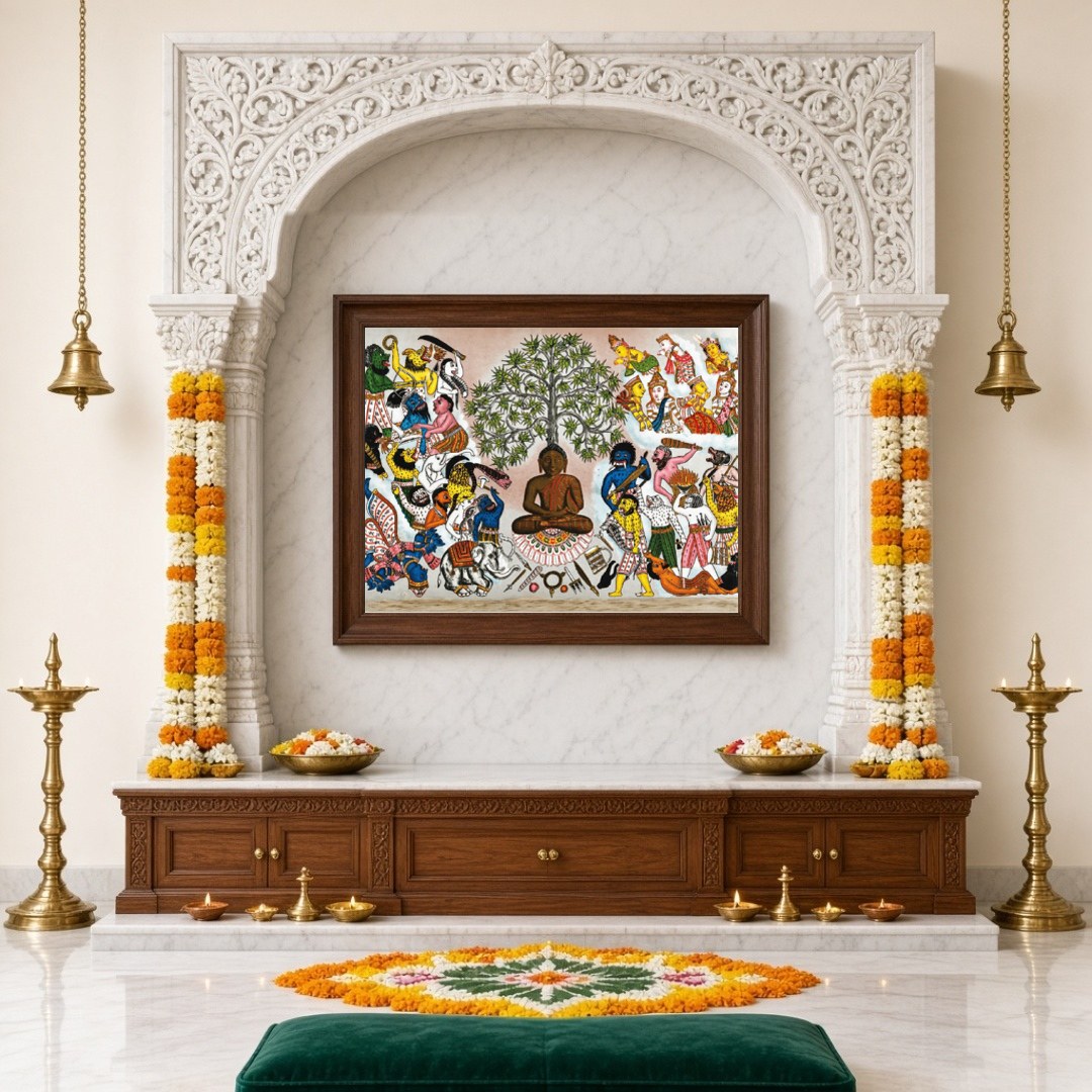 This captivating artwork depicts Buddha serenely seated under the symbolic Tree of Life, as he for Home Temple