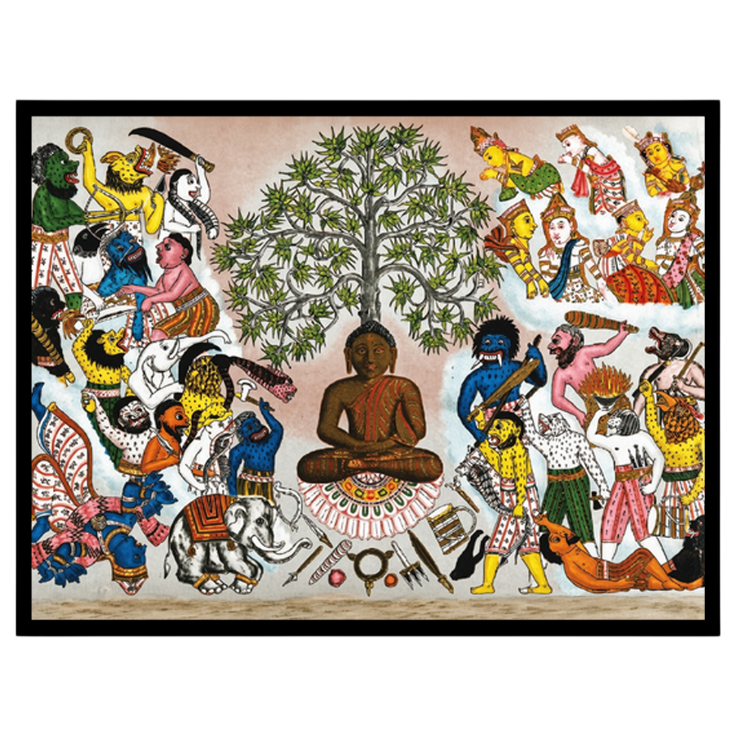 This captivating artwork depicts Buddha serenely seated under the symbolic Tree of Life, as he for house