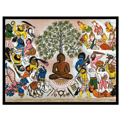 This captivating artwork depicts Buddha serenely seated under the symbolic Tree of Life, as he for house
