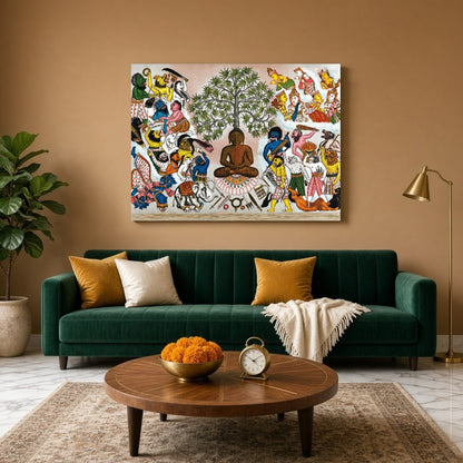 This captivating artwork depicts Buddha serenely seated under the symbolic Tree of Life, as he for Living Room