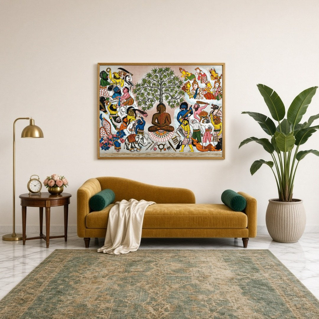 This captivating artwork depicts Buddha serenely seated under the symbolic Tree of Life, as he for Sitting Lounge