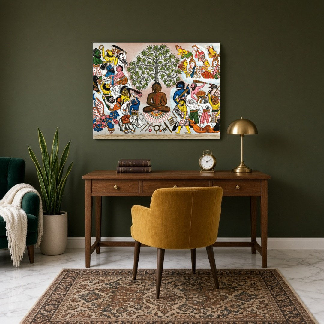This captivating artwork depicts Buddha serenely seated under the symbolic Tree of Life, as he for Study