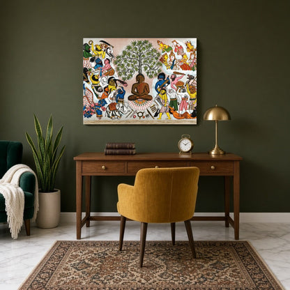 This captivating artwork depicts Buddha serenely seated under the symbolic Tree of Life, as he for Study