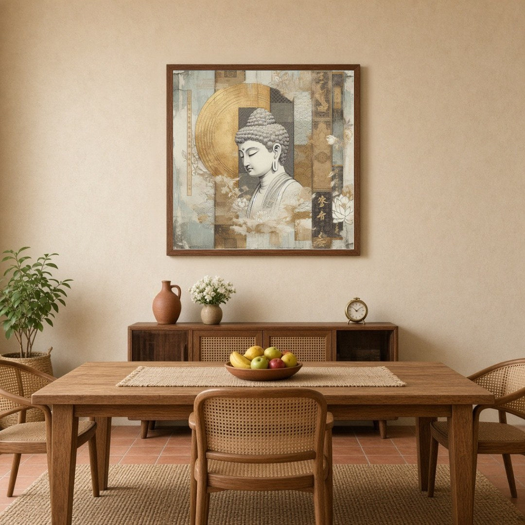 Immerse yourself in the tranquil essence of Buddha's serenity, captured amid a stunning golden for Dining