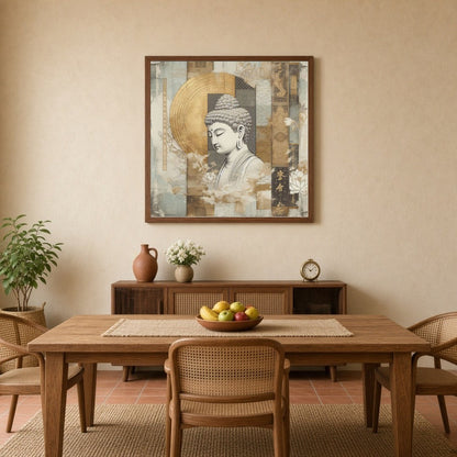 Immerse yourself in the tranquil essence of Buddha's serenity, captured amid a stunning golden for Dining