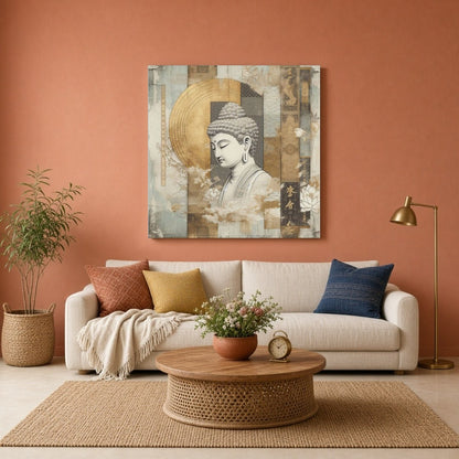Immerse yourself in the tranquil essence of Buddha's serenity, captured amid a stunning golden for Living Room