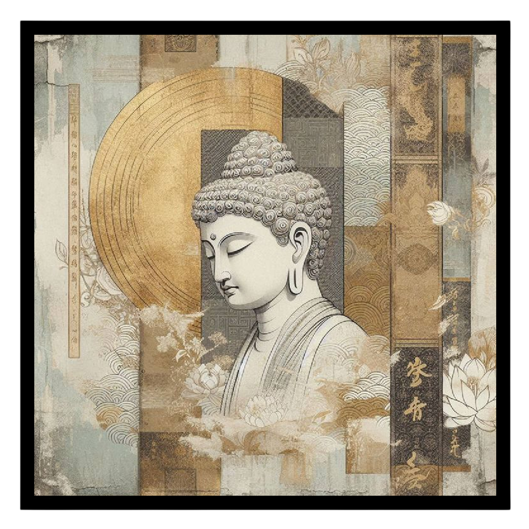 Immerse yourself in the tranquil essence of Buddha's serenity, captured amid a stunning golden for room
