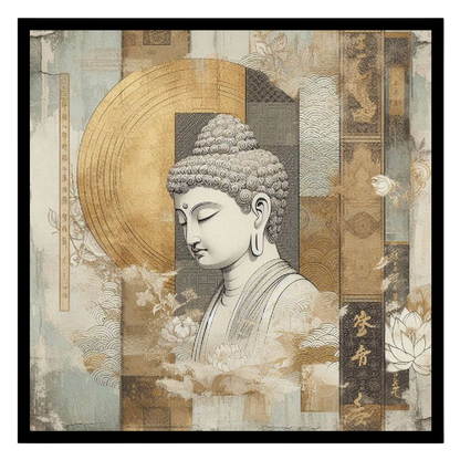 Immerse yourself in the tranquil essence of Buddha's serenity, captured amid a stunning golden for room