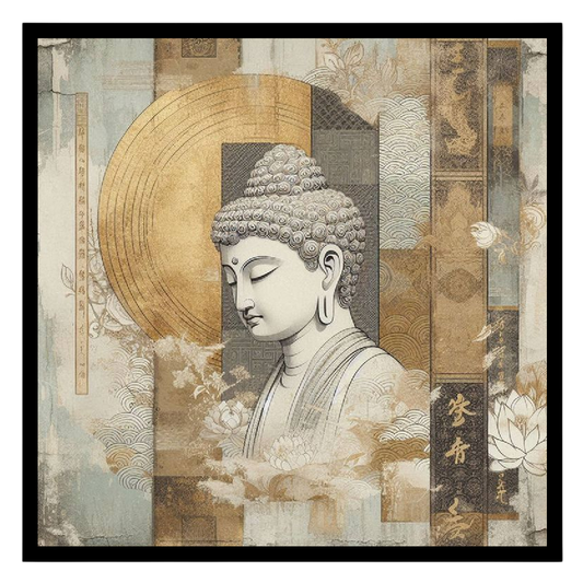 Immerse yourself in the tranquil essence of Buddha's serenity, captured amid a stunning golden for room