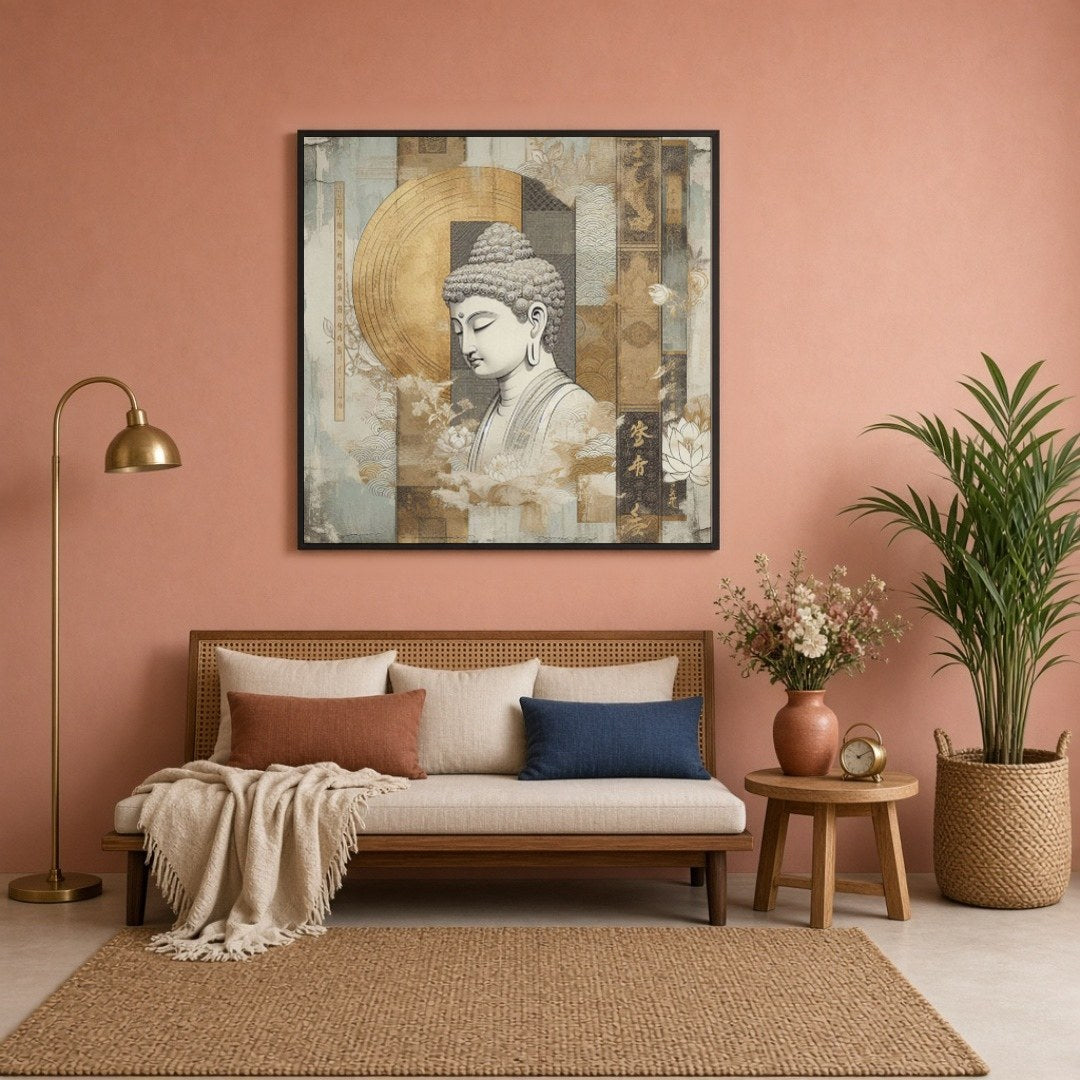 Immerse yourself in the tranquil essence of Buddha's serenity, captured amid a stunning golden for Sitting Lounge