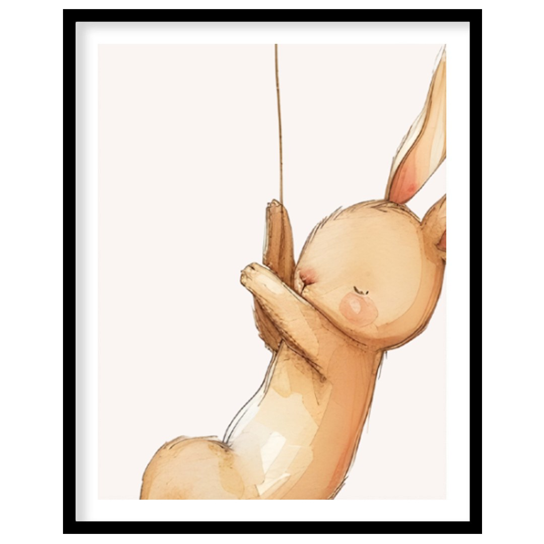 This whimsical artwork captures a fluffy white bunny floating joyfully in a bright red balloon agai… for abode