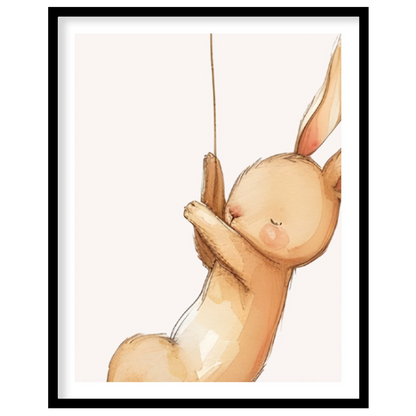 This whimsical artwork captures a fluffy white bunny floating joyfully in a bright red balloon agai… for abode