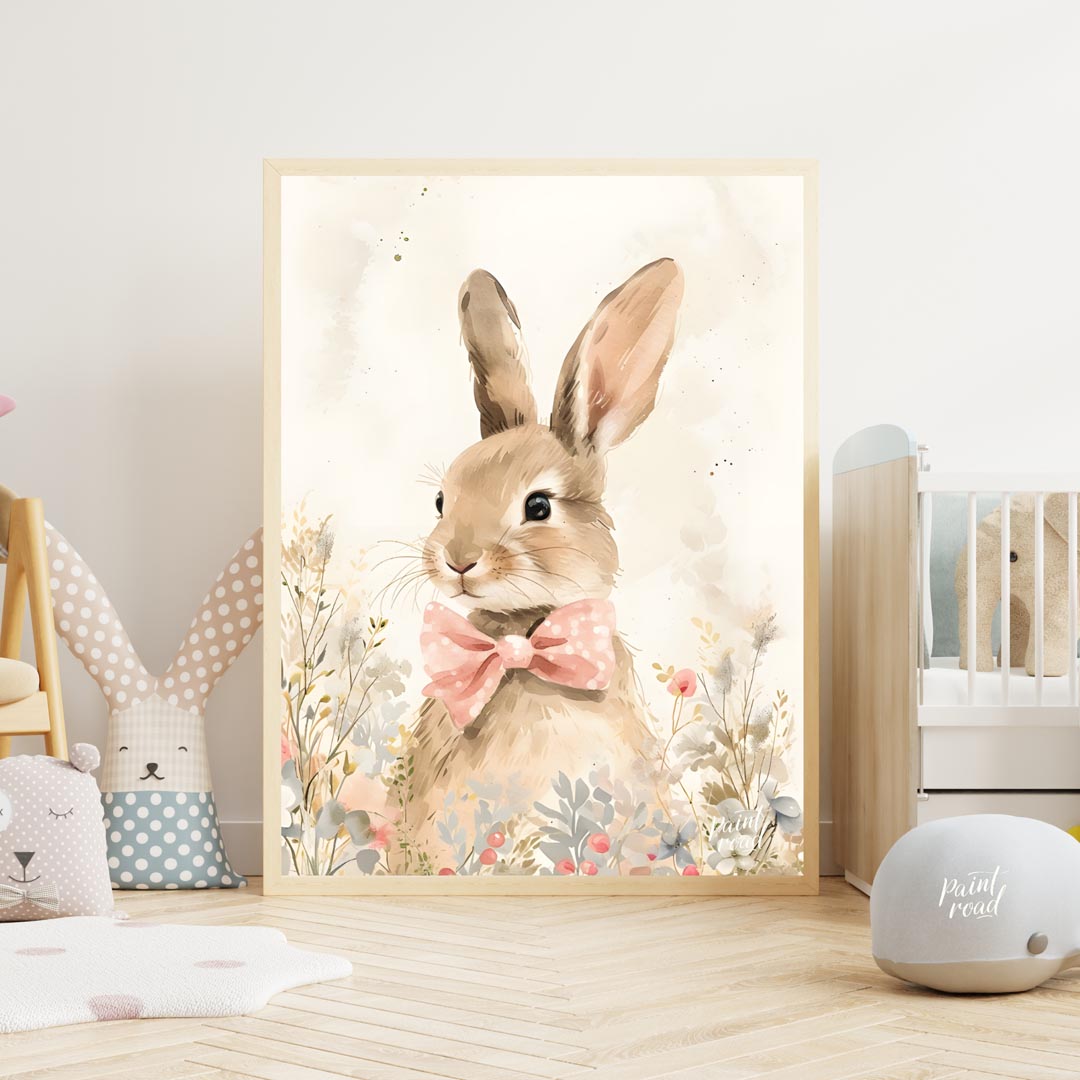 This exquisitely detailed watercolor poster features an adorable rabbit, exuding charm and elegance… for nursery