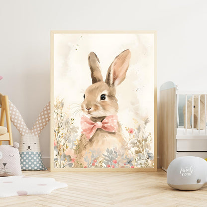 This exquisitely detailed watercolor poster features an adorable rabbit, exuding charm and elegance… for nursery