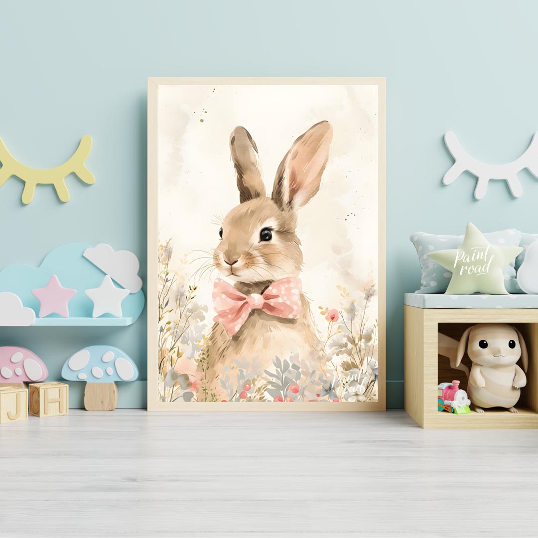This exquisitely detailed watercolor poster features an adorable rabbit, exuding charm and elegance… for nursery