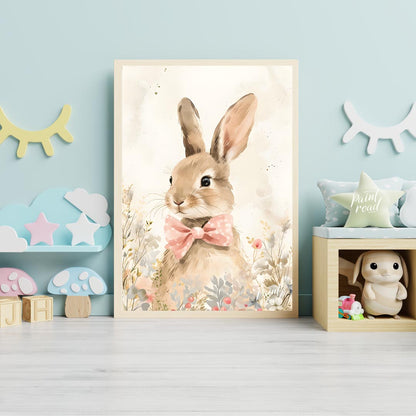 This exquisitely detailed watercolor poster features an adorable rabbit, exuding charm and elegance… for nursery