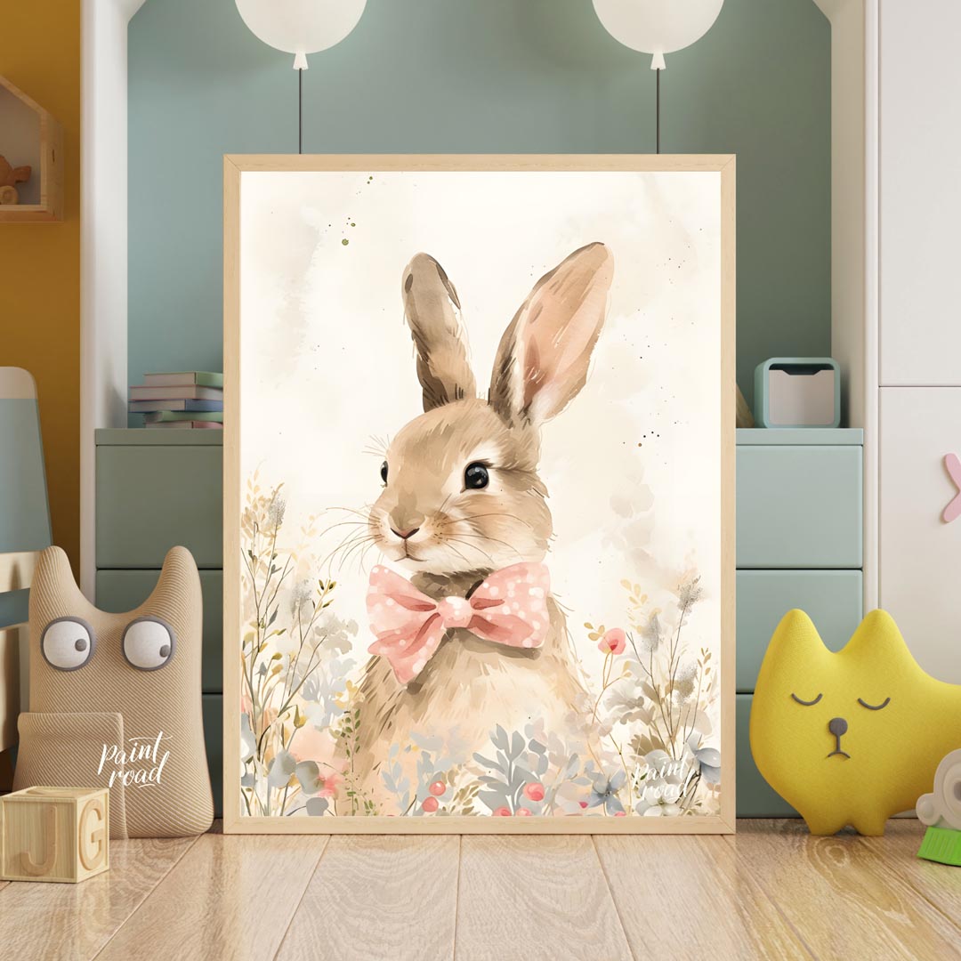 This exquisitely detailed watercolor poster features an adorable rabbit, exuding charm and elegance… for nursery